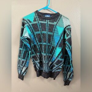 Vintage Cracked Ice Teal and Black Acrylic Knit Sweater